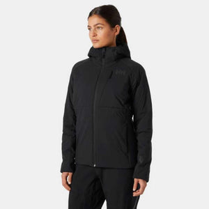 Woman wearing a black Helly Hansen hooded insulated jacket