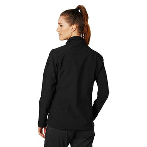 Woman wearing a black Helly Hansen softshell jacket viewed from the back
