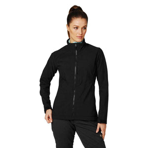 Woman wearing a black Helly Hansen softshell jacket with a high collar and front zipper