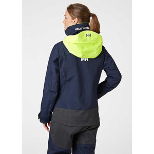 Back view of a Helly Hansen navy jacket with a high-visibility yellow hood
