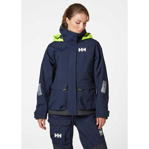 Helly Hansen navy blue sailing jacket with neon yellow hood lining and HH logo