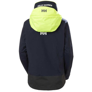 Back view of a navy Helly Hansen jacket with a high-visibility yellow hood and logo branding