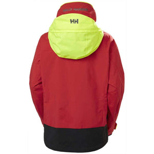 Helly Hansen red jacket with a high visibility yellow hood and HH logo