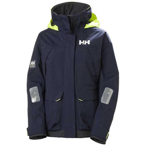 Helly Hansen navy blue sailing jacket with neon yellow hood lining and reflective patches on sleeves