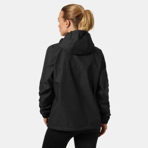 Back view of a woman wearing a black Helly Hansen hooded rain jacket