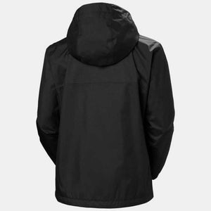 Back view of a black Helly Hansen hooded rain jacket