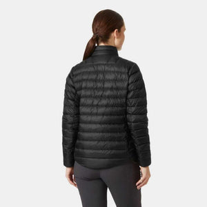 Back view of a woman wearing a black Helly Hansen quilted puffer jacket