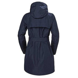 Back view of navy Helly Hansen hooded trench coat with belted waist