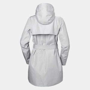Back view of a light grey Helly Hansen hooded raincoat with a belted waist