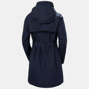 Back view of a navy Helly Hansen belted raincoat with a hood