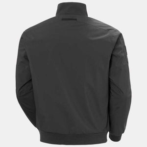 Back view of a black Helly Hansen bomber jacket with a high collar