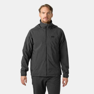 Man wearing a black Helly Hansen hooded rain jacket