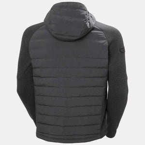 Back view of a dark grey Helly Hansen hooded hybrid jacket with quilted insulation