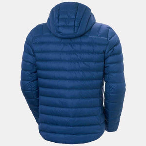 Back view of a blue Helly Hansen hooded puffer jacket