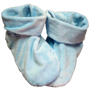 Pair of light blue plush baby booties with folded cuffs