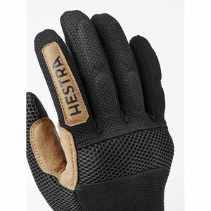 Hestra black mesh glove with tan suede accents on the finger and thumb