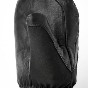 Black leather mitten with fabric thumb panel