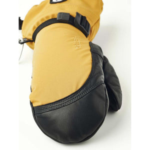 Hestra yellow and black winter mitten with leather palm and adjustable wrist strap