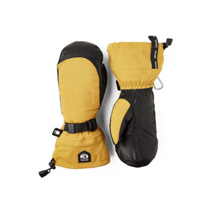 Hestra yellow and black insulated mittens with adjustable wrist straps and carabiner clips