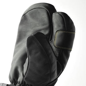 Hestra black leather three finger mitten with yellow stitching