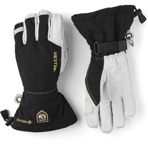 Hestra black and white leather ski gloves with Gore-Tex branding