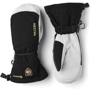 Hestra black and white Gore-Tex ski mittens with wrist straps and logo branding
