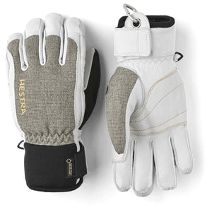 Hestra white and grey leather ski gloves with Gore-Tex branding