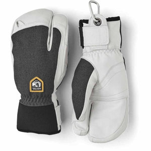Hestra white and black leather three finger ski gloves with carabiner
