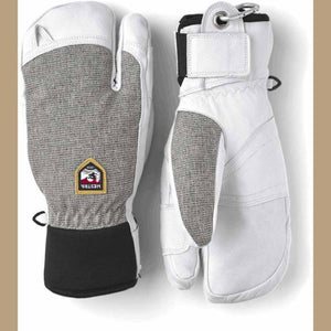 Hestra white and grey leather three finger ski gloves with black cuffs