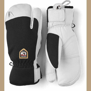 Hestra white and black leather three finger ski gloves with carabiner