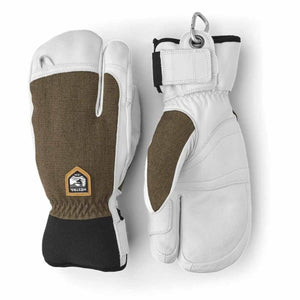 Hestra white and brown leather three finger ski mittens