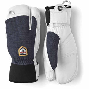 Hestra white and navy blue three finger ski gloves with Hestra logo patch