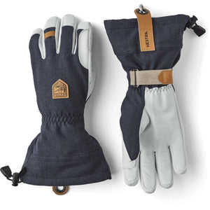 Hestra navy and grey leather ski gloves with adjustable wrist straps and logo patch
