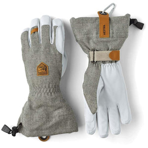 Hestra grey and white leather ski gloves with adjustable wrist strap and carabiner