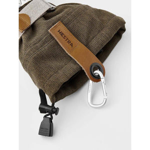 Hestra olive green glove cuff with leather pull tab and carabiner