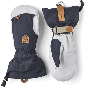 Hestra navy and white leather ski mittens with adjustable wrist straps and carabiner clips