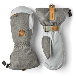 Hestra grey and white insulated mittens with leather palm and wrist strap