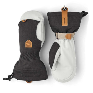 Hestra grey and white leather ski mittens with adjustable wrist straps