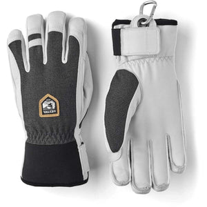 Hestra grey and black leather ski gloves with carabiner clip