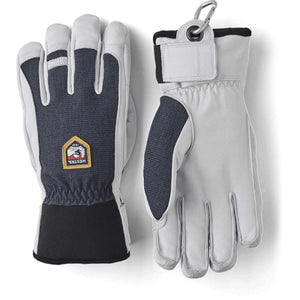 Hestra grey and navy leather ski gloves with carabiner attachment