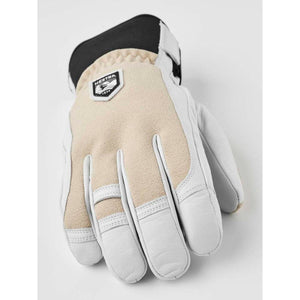 Hestra beige and white leather ski glove with brand logo patch