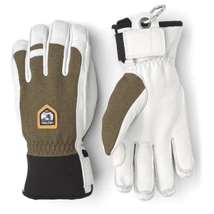 Hestra white and olive green leather ski gloves with carabiner