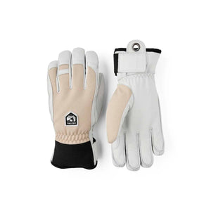 Hestra white and beige leather ski gloves with black cuff and wrist strap