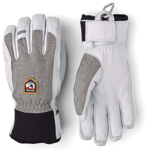Hestra white and grey leather ski gloves with carabiner
