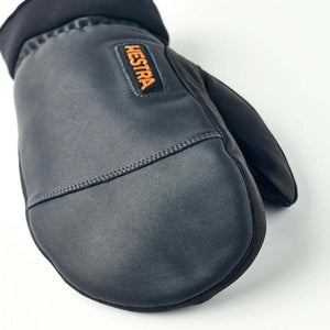Black leather Hestra mitten with logo patch
