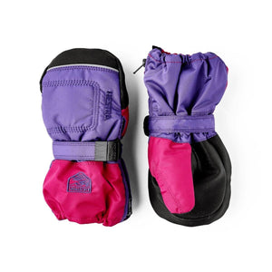 Hestra purple and pink children winter mittens with black palms and wrist straps