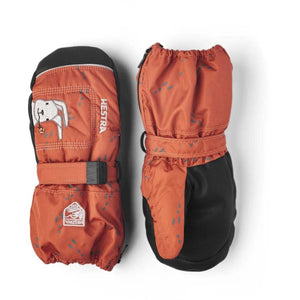 Hestra rust orange children mittens with animal graphic and black palm detail