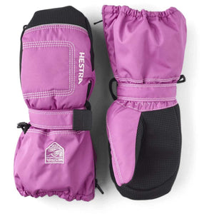 Hestra purple and black insulated winter mittens with adjustable wrist straps