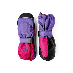 Hestra purple and pink children mittens with black palms and adjustable wrist straps