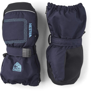 Hestra navy blue insulated mittens with adjustable wrist straps and textured palms